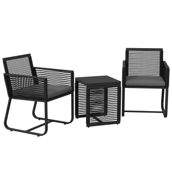 Outsunny Set de Mobilier de Gradina de 3 Piese din Ratan, Set de Bistro din Ratan din PE cu Masa din Sticla Securizata, Perne Moi pentru Sezut imagine