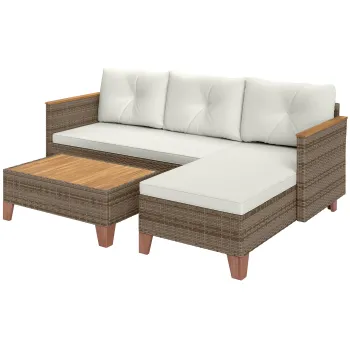 Outsunny Set de Mobilier de Gradina din 3 Piese cu Canapea, Sezlong si Masuta de Cafea, 128x66x66 cm, Kaki | Aosom Romania imagine