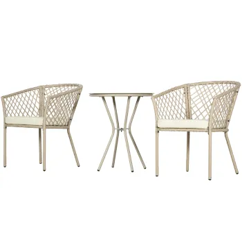 Outsunny Set de Mobilier de Gradina din 3 piese din Ratan, Set de Bistro din Ratan din PE cu Masa de Sticla, Perne Moi, Set de Mobilier de Conversatie imagine