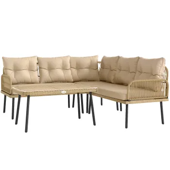Outsunny Set de Mobilier de Gradina din 4 Piese cu 2 Canapele,  Fotoliu de Colt si Masuta de Cafea, 100x68x74 cm, Bej | Aosom Romania imagine