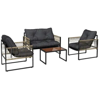 Outsunny Set de Mobilier de Gradina din 4 Piese PE Rattan cu Canapea Dubla, Fotoliu, Masuta de Cafea din Sticla, 106x70x72 cm, Gri imagine