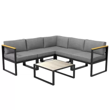 Outsunny Set de mobilier de gradina din 6 piese cu pernute de grosime 10cm, Set de canapea cu cadru din aluminiu pentru exterior cu cotiere, din plastic decorativ cu granulatie de lemn, Gri imagine