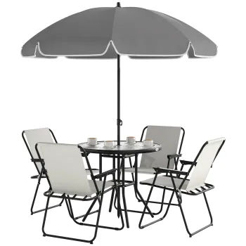 Outsunny Set de Mobilier de Gradina din 6 Piese cu Umbrela de Soare,  Masa si Scaune Pliante, ?80x70 cm, Alb Crem | Aosom Romania imagine