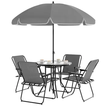 Outsunny Set de Mobilier de Gradina din 6 Piese cu Umbrela de Soare,  Masa si Scaune Pliante, ?80x70 cm, Gri | Aosom Romania imagine
