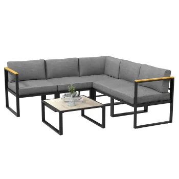 Outsunny Set de Mobilier de Gradina din 6 Piese, Set de Exterior cu Masa si Canapea cu cadru din Aluminiu cu Cotiere, 65x65x31 cm, Gri | Aosom Romania imagine
