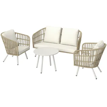 Outsunny Set de mobilier de gradina din poliratan Lounge-Set cu canapea de 2 locuri, fotoliu, masa, perne rezistente la intemperii pentru 4 persoane in culoarea Khaki | Aosom Romania imagine
