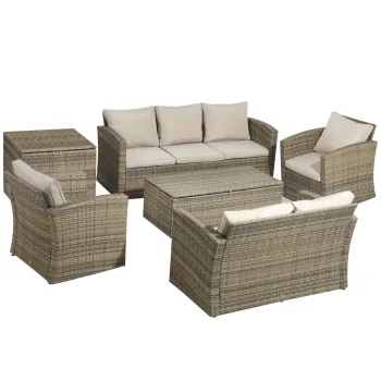 Outsunny Set de mobilier de gradina din ratan de 6 piese, canapea si 2 fotolii tapitate pentru 7 persoane, bej | AOSOM RO imagine