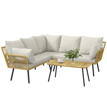 Outsunny Set de Mobilier de Gradina din Ratan din PE cu 4 Piese cu Canapea de Colt, Masuta de Cafea, Set de Scaune Rabatabile pentru Terasa cu Perne imagine