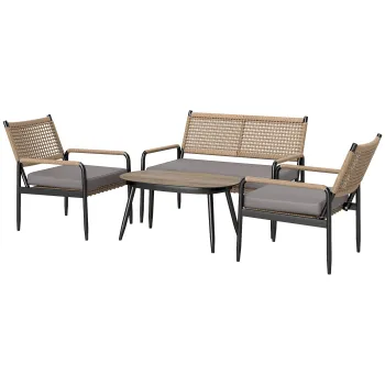 Outsunny Set de mobilier de gradina din ratan Set de lounge cu canapea dubla, fotoliu, masa cu geam, perne pentru 4 persoane, Gri inchis+Galben | Aosom Romania imagine