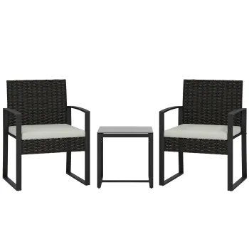 Outsunny Set de Mobilier de Gradina din Ratan Sintetic cu 2 Scaune cu Perne Detasabile si Masa cu Blat din Sticla, Crem | Aosom Romania imagine