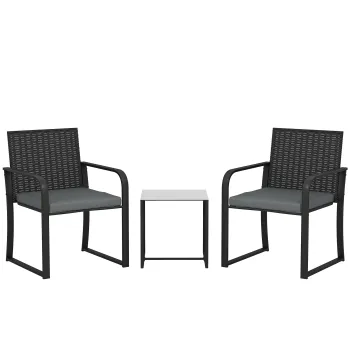 Outsunny Set de mobilier de gradina din ratan sintetic cu 2 scaune cu perne si masa cu blat din sticla, gri | Aosom Romania imagine