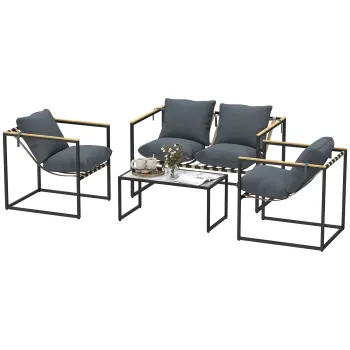 Outsunny Set de mobilier de gradina format din 4 piese, Set de mobilier de exterior, 2 Fotolii, Canapea pentru 2 persoane, 1 Masa, cu perne, Otel, Poliester, Gri | Aosom Romania imagine