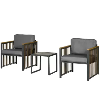 Outsunny Set De Mobilier De Gradina In 3 Piese Pentru Exterior Cu Perne Groase De 10 cm, Cu Masuta De Cafea Din Plastic cu Granulatie, Gri imagine