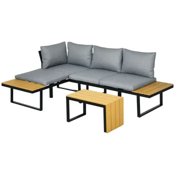 Outsunny Set de Mobilier de Gradina pentru 3 Persoane cu Perne de Sedere, Cadru din Aluminiu, Aspect de Lemn, Gri inchis+Natur | Aosom Romania imagine