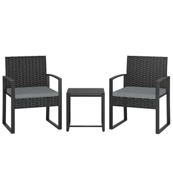 Outsunny Set de Mobilier pentru Gradina din Ratan Sintetic cu 2 Scaune cu Perne Detasabile si Masa cu Blat de Sticla, Gri | Aosom Romania imagine