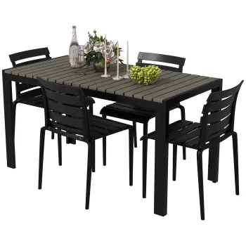 Outsunny Set de servit masa pentru gradina din 5 piese, Masa si 4 scaune stivuibile pentru exterior, cadru din otel, Blat de masa cu lamele din plastic cu granulatie de lemn, Negru imagine