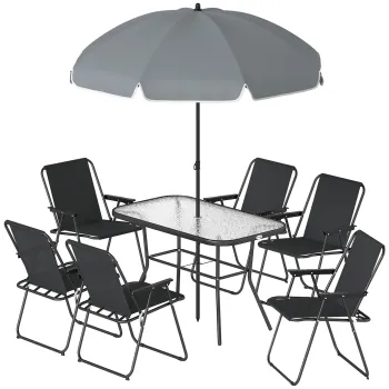 Outsunny Set Dining de Gradina 8 Piese cu Umbrela, Mobilier de Exterior cu 6 Scaune Pliabile, Masa din Sticla Temperata si Umbrela pentru Terasa, Negru | Aosom Romania imagine