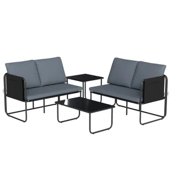 Outsunny Set Gradina Exterior 4 Piese cu 2 Canapele 2 Locuri 2 Mese cu Sticla Perne Huse Detasabile si Buzunare Gri | Aosom Romania imagine