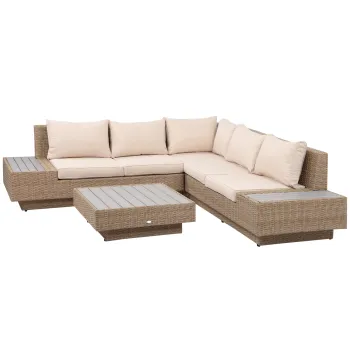 Outsunny Set Living de Gradina din Rattan, 4 Piese, Coltar pentru Exterior cu Perne, Masute Laterale si Masuta de Cafea, Maro Deschis imagine