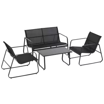 Outsunny Set Masa Banca si 2 Scaune de Gradina, Mobilier de Exterior din Metal si Textilen, Neagra imagine