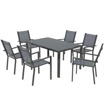 Outsunny Set Masa de Gradina cu Scaune, 7 Piese, Set de Pranz cu Masa cu Blat din Lemn Compozit cu Sipci si 6 Scaune de Exterior Stivuibile, Mobilier din Otel cu Texteline, Gri si Negru | Aosom Romania imagine