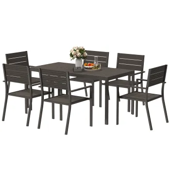 Outsunny Set Masa de Gradina din 7 Piese cu Masa si 6 Scaune cu Brate, 160x80x74 cm, Maro | Aosom Romania imagine
