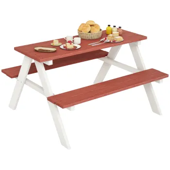 Outsunny, Set masa de picnic cu banci pentru copii, din lemn masiv, ideala pentru gradina, 89 x 79 x 50 cm, maro si alb | Aosom Romania imagine