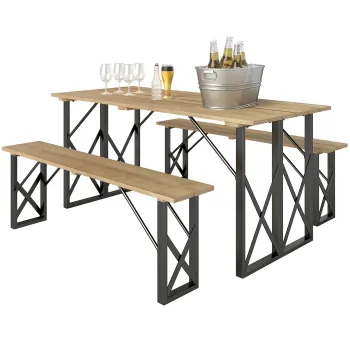 Outsunny set masa si banci din lemn pentru 6-8 persoane, 160 cm, cu orificiu pentru umbrela de 5 cm, design durabil,  maro | Aosom Romania imagine