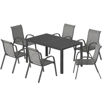 Outsunny Set Masa si Scaune de Gradina 7 Piese, Set Pranz Exterior cu Masa Dreptunghiulara, 6 Scaune Stivuibile din Textilena, Set Mobilier de Gradina pentru Terasa, Balcon, Patio, Gri Deschis | Aosom Romania imagine