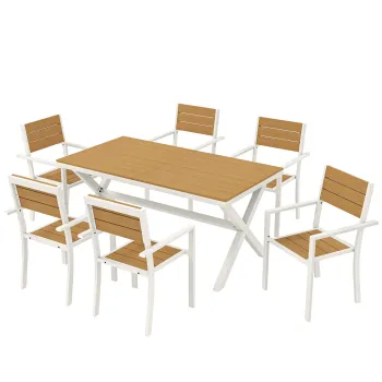 Outsunny Set Masa si Scaune de Gradina 7 Piese, Set Pranz Exterior din Aluminiu cu 6 Scaune Stivuibile, Masa cu Sipci Imitatie Lemn, pentru Terasa, Balcon, Patio, Teak | Aosom Romania imagine