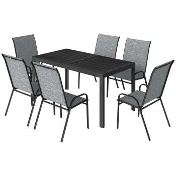 Outsunny Set Masa si Scaune Gradina cu Masa Metalica cu Orificiu si 6 Scaune Stivuite Respirabile pentru Terasa Gri | Aosom Romania imagine
