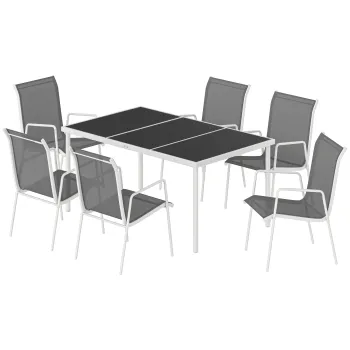 Outsunny Set masa si scaune pentru gradina cu blat din sticla securizata, 6 scaune stivuibile si respirabile pentru terasa, Gri | Aosom Romania imagine