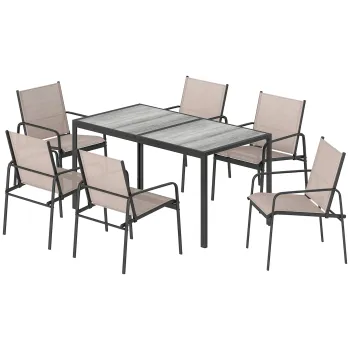 Outsunny Set masa si scaune pentru gradina cu masa cu efect lemn si 6 scaune cu sezut respirabil pentru terasa patio kaki | Aosom Romania imagine