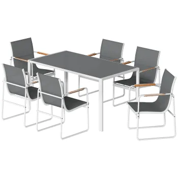 Outsunny Set masa si scaune pentru gradina cu masa din sticla securizata si 6 scaune respirabile pentru terasa/patio Alb si Gri | Aosom Romania imagine