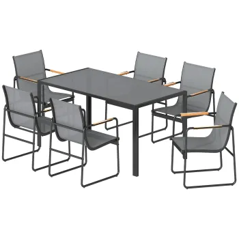 Outsunny Set masa si scaune pentru gradina cu masa din sticla securizata si 6 scaune respirabile pentru terasa/patio, gri | Aosom Romania imagine