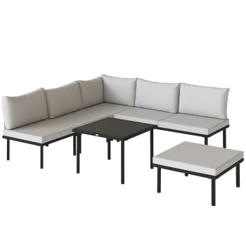 Outsunny Set mobila de gradina din metal pentru 6 persoane, canapea coltar cu perne, Gri Deschis | Aosom Romania imagine