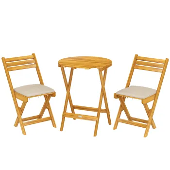 Outsunny Set mobilier balcon 3 piese lemn FSC pliabil set mobilier gradina cu masa rotunda 2 scaune perne sezut respirabile sezut lamelar | Aosom Romania imagine