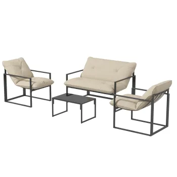 Outsunny Set Mobilier de Exterior cu Masa din Sticla, Canapea, 2 Fotolii si Perne, Bej | Aosom Romania imagine