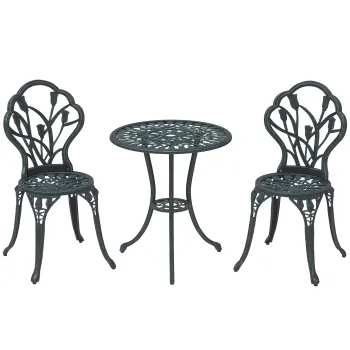 Outsunny Set Mobilier de Gradina 2 Locuri 2 Scaune + Masa Rotunda Fonta de Aluminiu Imitatie Fier Forjat Verde | Aosom Romania imagine