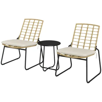 Outsunny Set mobilier de gradina, 3 piese, 2 scaune din ratan, 1 masa cu blat metalic, perne pentru sezut, set bistro, Bej & Maro | Aosom Romania imagine