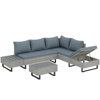 Outsunny Set Mobilier de Gradina 3 Piese din Ratan, Canapea Coltar in L cu Spatar Reglabil si Masa Imitatie Lemn, Gri | Aosom Romania imagine