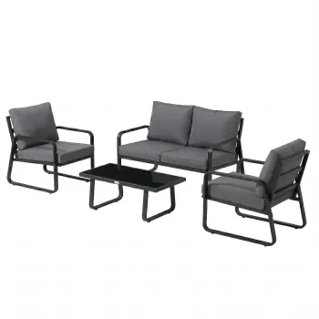 Outsunny Set mobilier de gradina 4 piese cu perne detasabile foarte groase 10 cm masa de cafea din sticla securizata Negru | Aosom Romania imagine