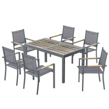 Outsunny Set Mobilier de Gradina 7 Piese Masa Aspect Lemn 6 Scaune Suprapuse din Textilena 140x80x72cm Gri | Aosom Romania imagine