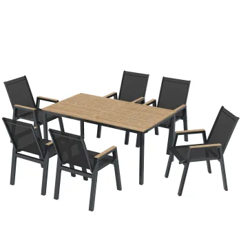 Outsunny Set mobilier de gradina 7 piese masa cu 6 scaune respirabile spatar inalt design lamele aspect lemn | Aosom Romania imagine