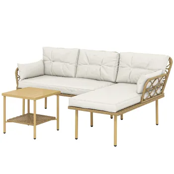 Outsunny Set mobilier de gradina colt 4 pers. 3 piese cu 1 masa de cafea perne confort incluse rasina impletita crem | Aosom Romania imagine