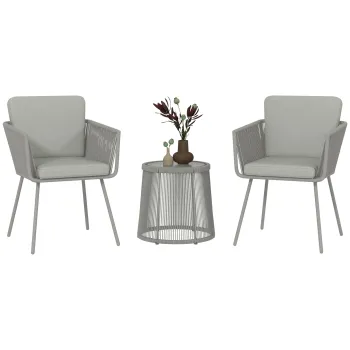 Outsunny Set Mobilier de Gradina cu 2 Scaune si Masuta de Cafea cu Blat din Sticla, O49x47 cm, Gri | Aosom Romania imagine