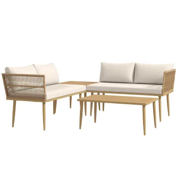 Outsunny Set Mobilier de Gradina din 4 Piese cu 2 Canapele si 2 Masute de Cafea, 116x65x70 cm, Alb Crem | Aosom Romania imagine