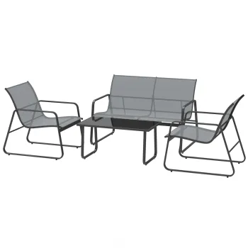 Outsunny Set Mobilier de Gradina din 4 Piese, cu Banca de Exterior cu 2 Locuri, 2 Scaune si Masuta de Cafea cu Blat din Sticla Securizata, Set Mobilier de Exterior din Metal si Textilena, Gri Deschis | Aosom Romania imagine