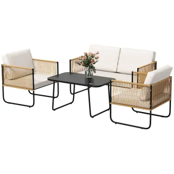Outsunny Set Mobilier de Gradina din 4 Piese cu Canapea, 2 Fotolii si Masuta, 110x61x63 cm, Alb Crem | Aosom Romania imagine