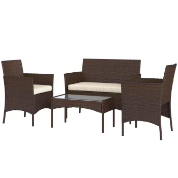 Outsunny Set Mobilier de Gradina din 4 Piese cu Canapea, 2 Fotolii si Masuta de Cafea, 102x58x82 cm, Maro | Aosom Romania imagine